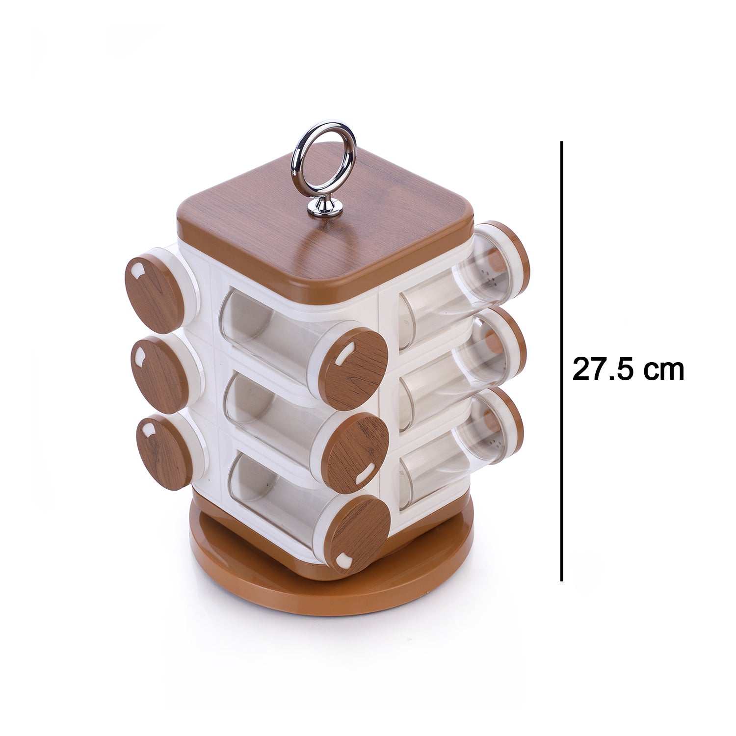 12-jar spice organizer with a wooden lid and clear containers for easy access in the kitchen