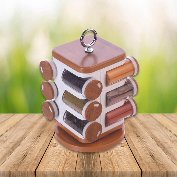 12-jar spice organizer with a rotating design and bamboo accents for easy access in the kitchen