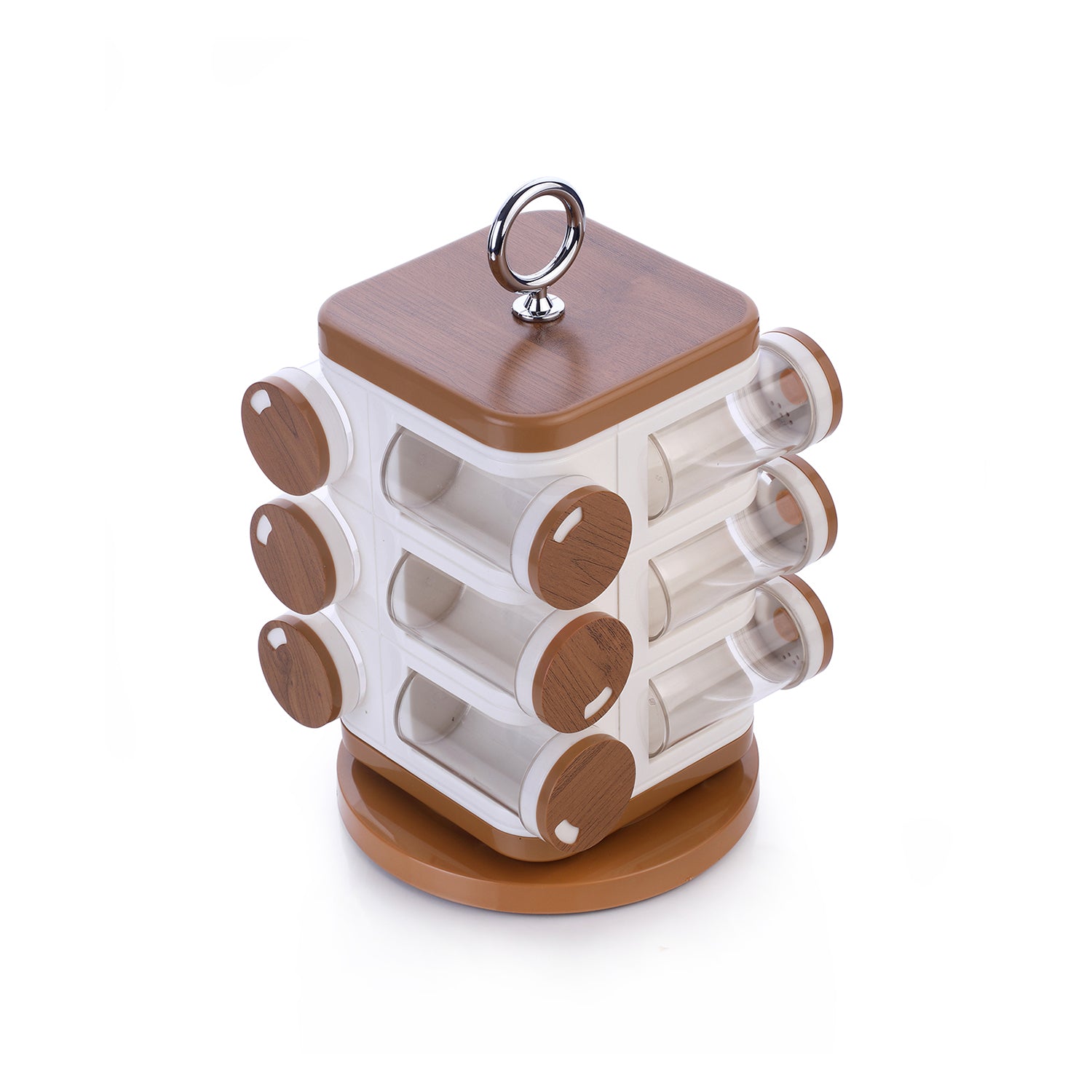 12-jar spice organizer with a rotating base and clear containers for easy access and storage