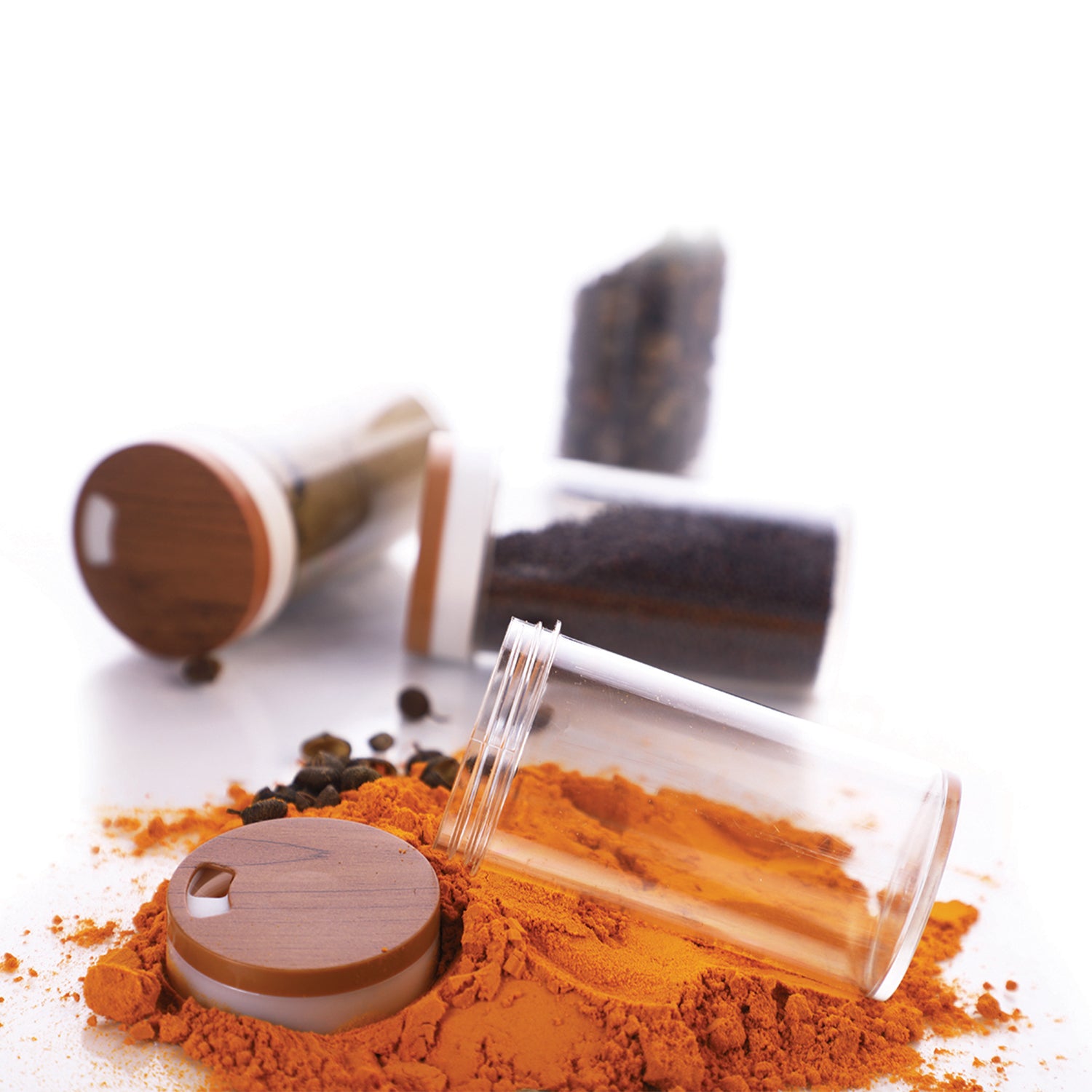 12-jar spice organizer featuring clear jars with wooden lids for efficient kitchen storage