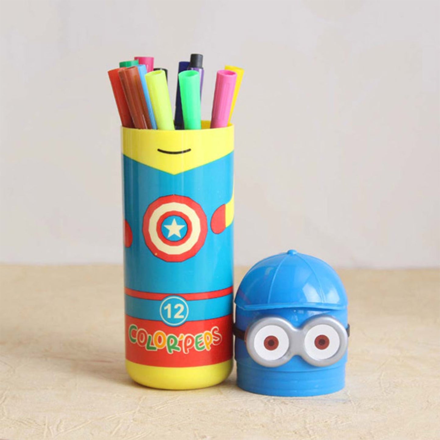 Colorful container with 12 pack drawing pens in various colors for kids' art projects