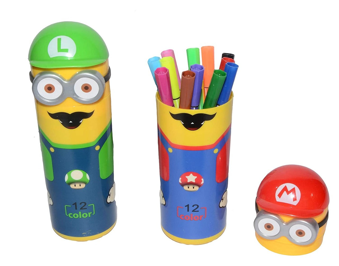 Colorful Minion-themed container featuring 12 pack drawing pens for kids' creativity
