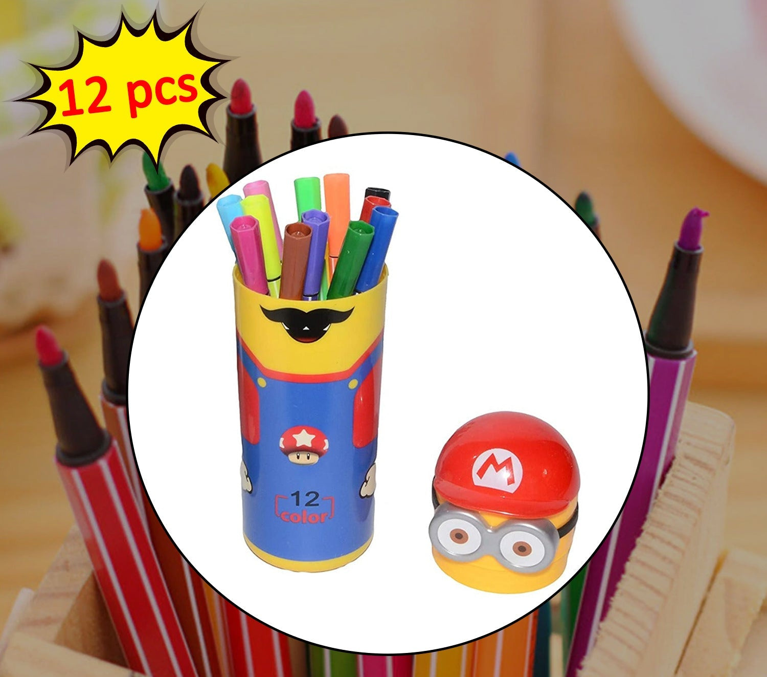 Colorful container with 12 pack drawing pens for kids featuring vibrant colors and a fun Mario cap design