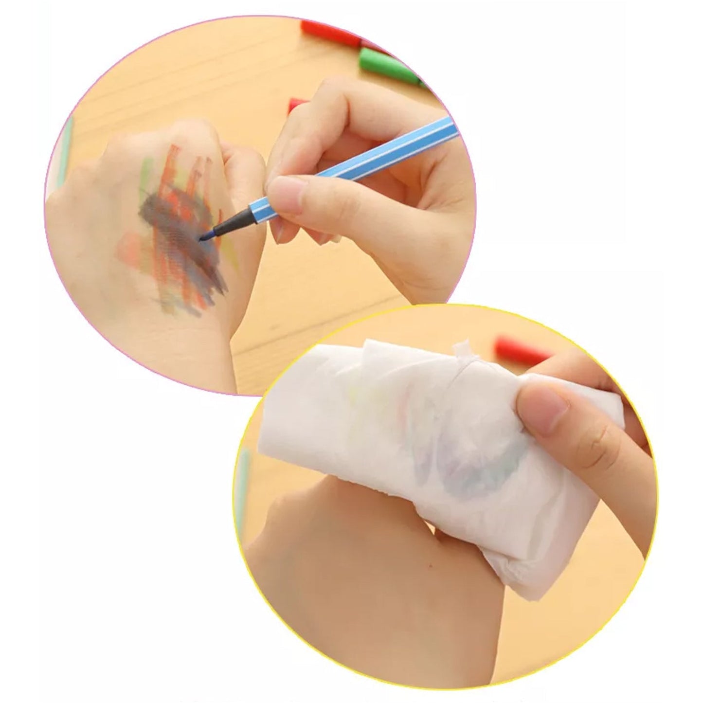 Child using 12 pack drawing pens to create colorful designs on paper and skin