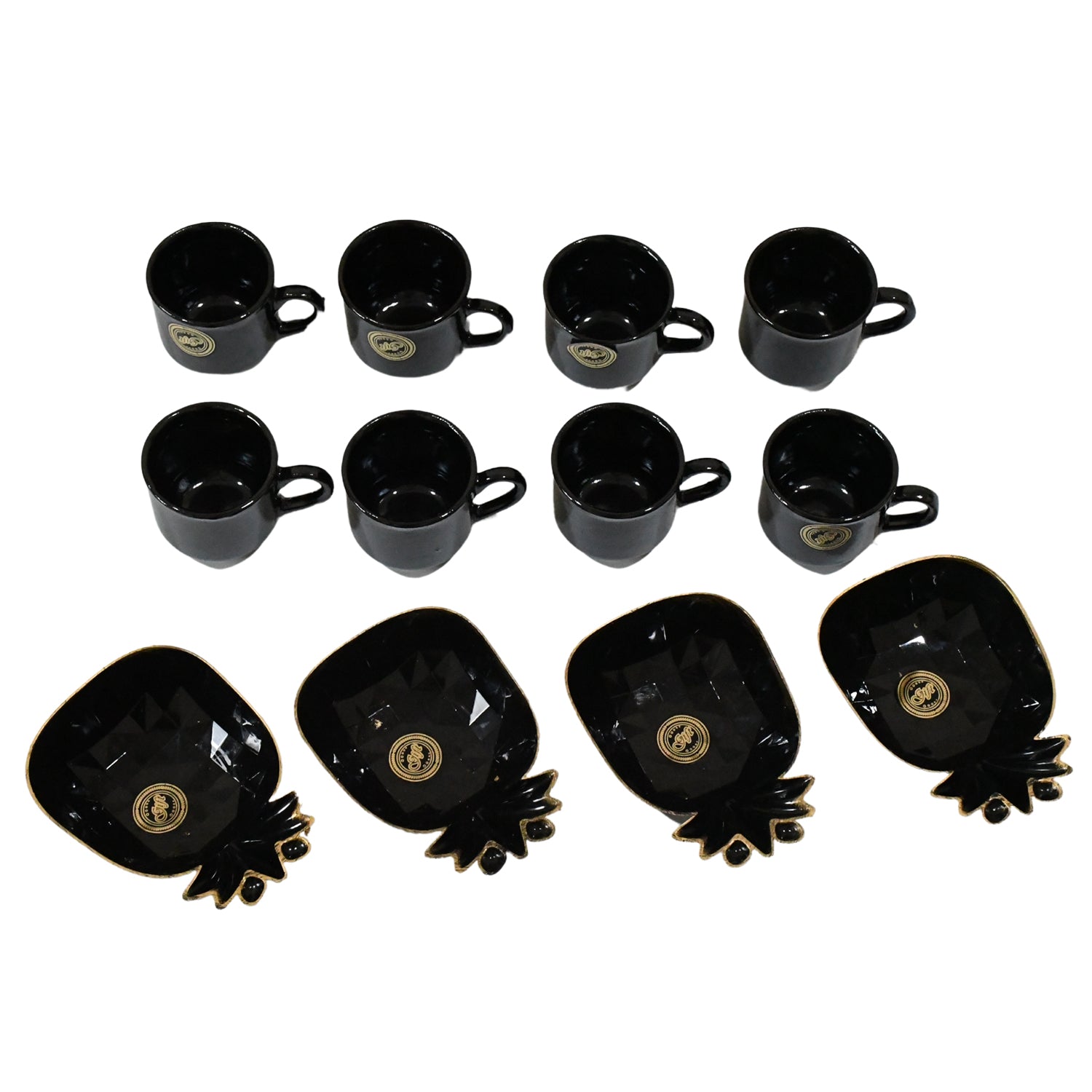 12 piece Pineapple Shape ceramic cup set for kitchen with black cups and matching pineapple plates