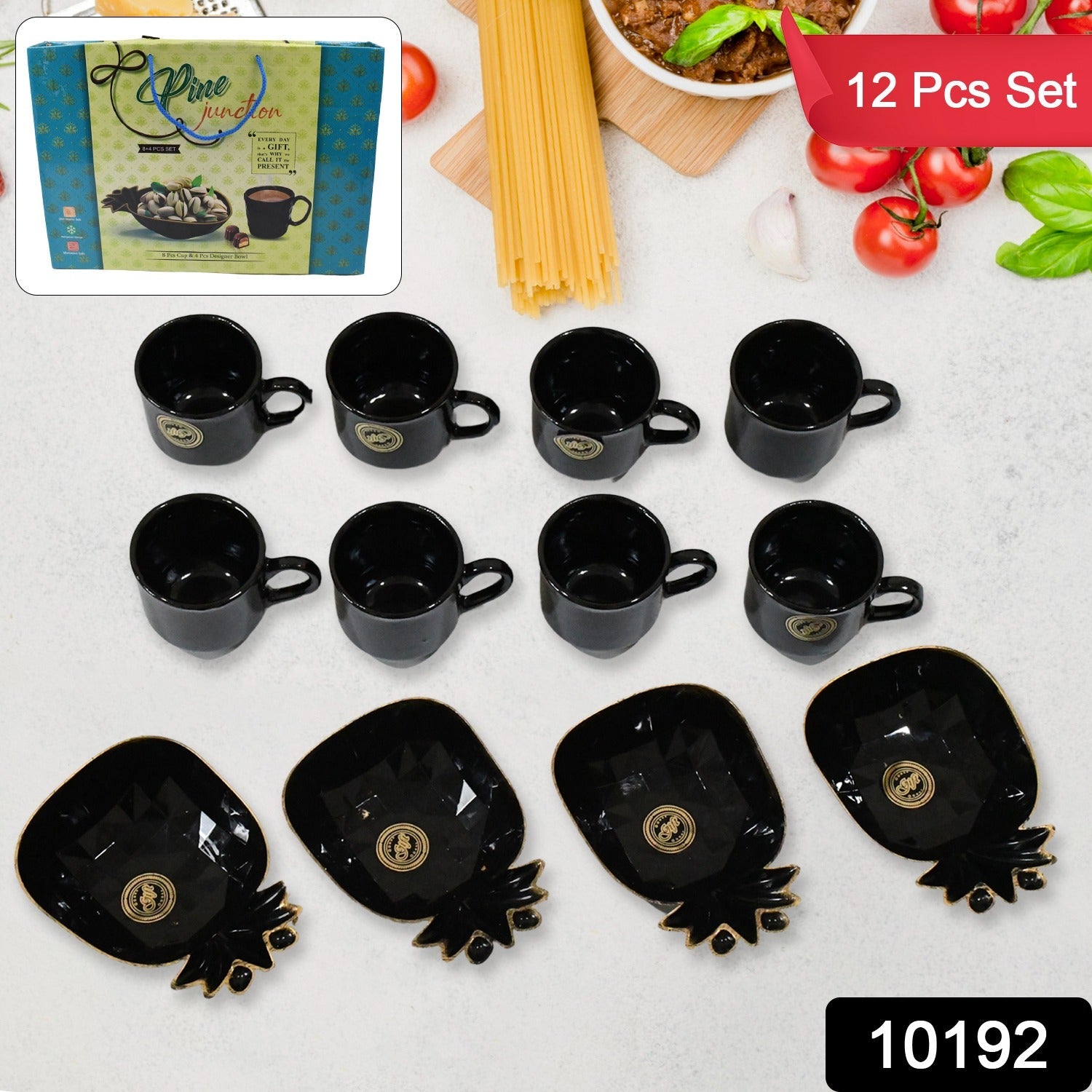 12 piece Pineapple Shape ceramic cup set for kitchen with black cups and matching pineapple-shaped saucers