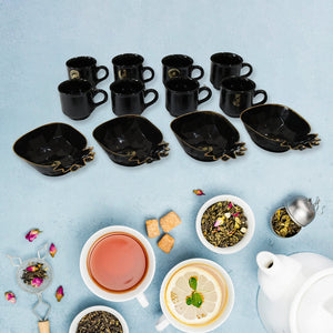 12 piece Pineapple Shape ceramic cup set for kitchen with black cups and matching pineapple-shaped plates