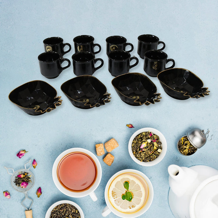12 piece Pineapple Shape ceramic cup set for kitchen with black cups and matching pineapple-shaped plates