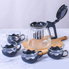 Glass kettle with cups and strainer set for home and café use