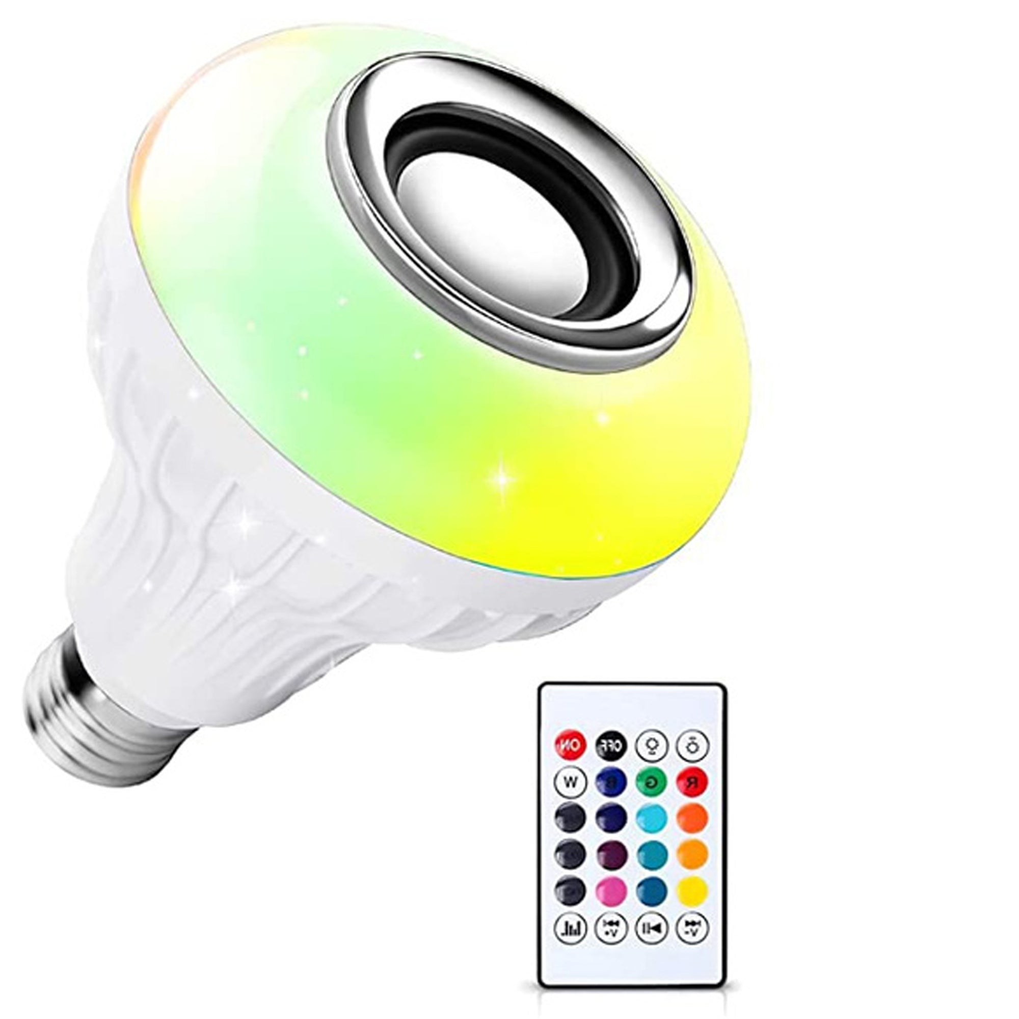 Bluetooth LED bulb with multicolor lighting and remote controller.