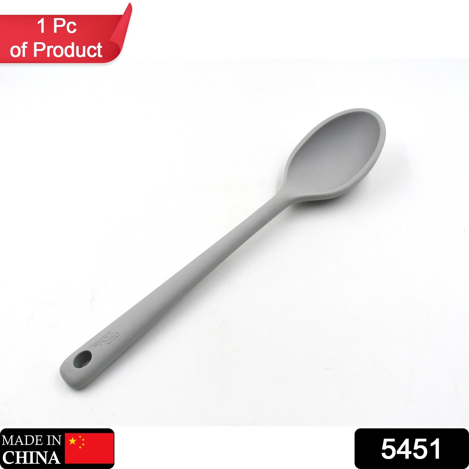 Heat resistant silicone spoon, 32 cm long, suitable for cooking.