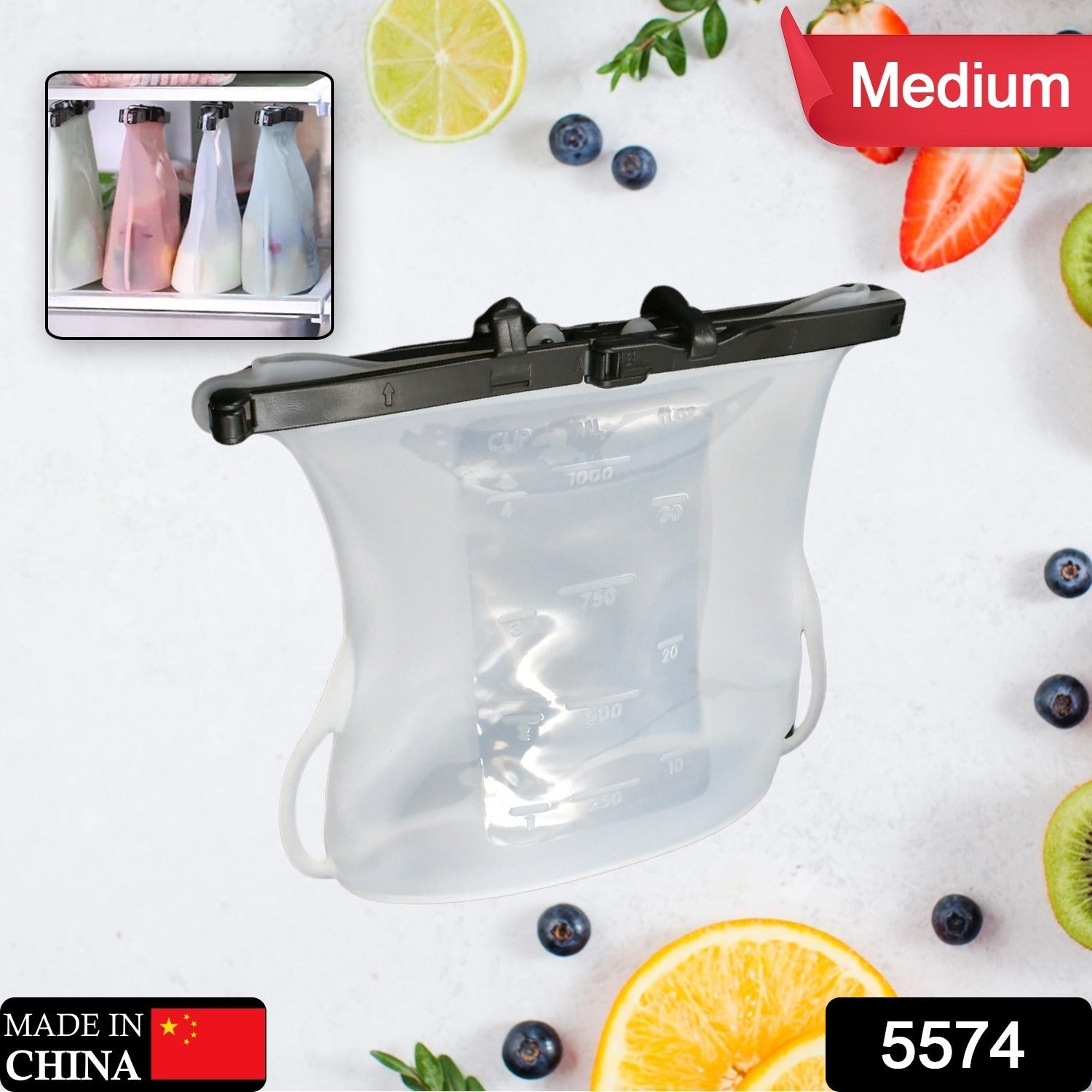 Reusable Silicone Food Storage Bag Set Leakproof Lock Reusable Flat Bottom Freez - 5574_medium_silicone_food_storage_bag