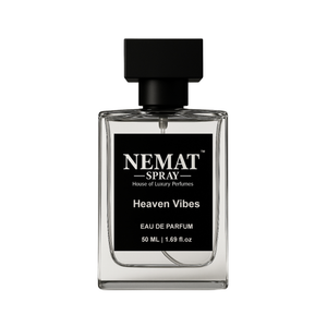 Nemat Heaven Vibes 50ml Eau De Parfum. Clear glass rectangular bottle with black label and square black cap.