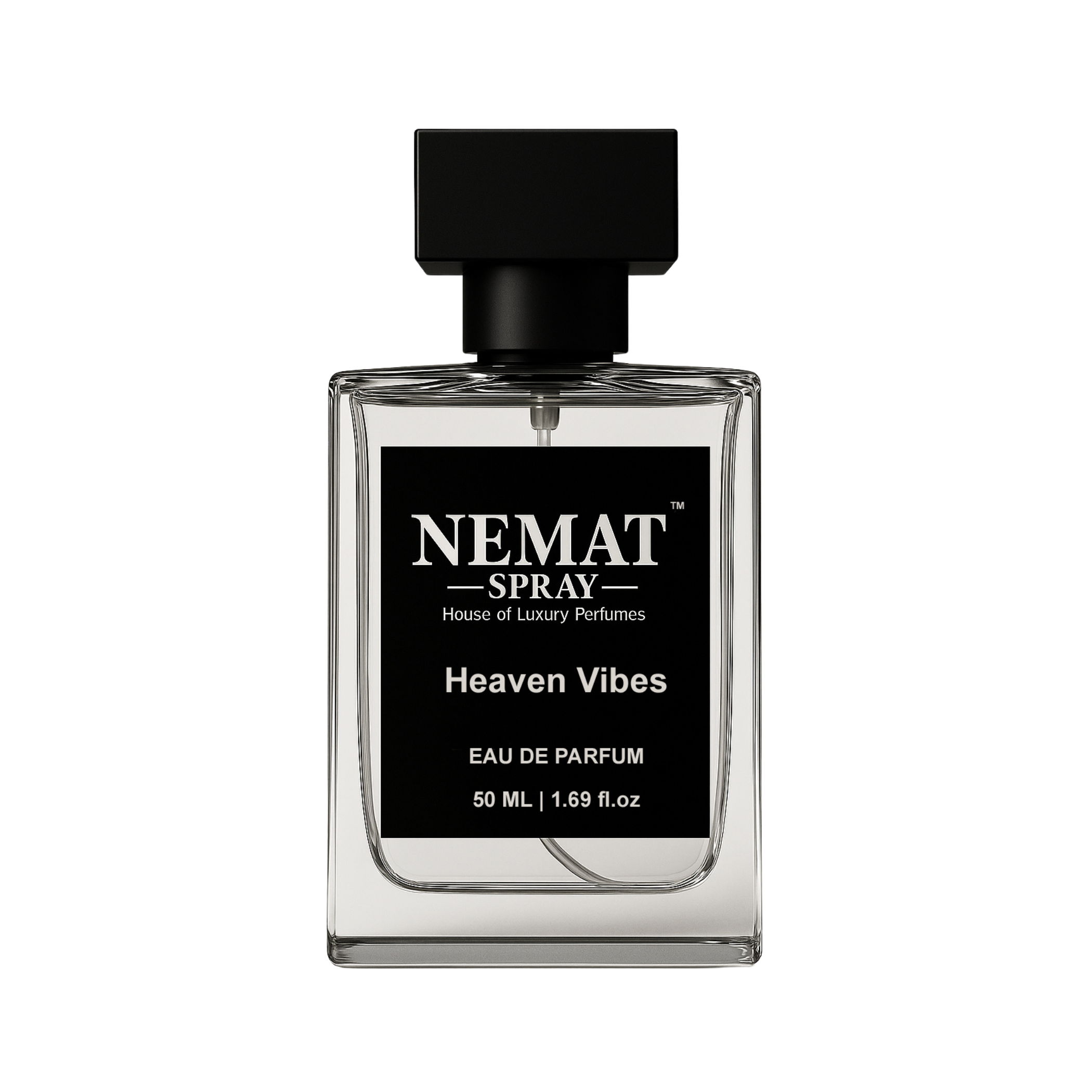 Nemat Heaven Vibes 50ml Eau De Parfum. Clear glass rectangular bottle with black label and square black cap.