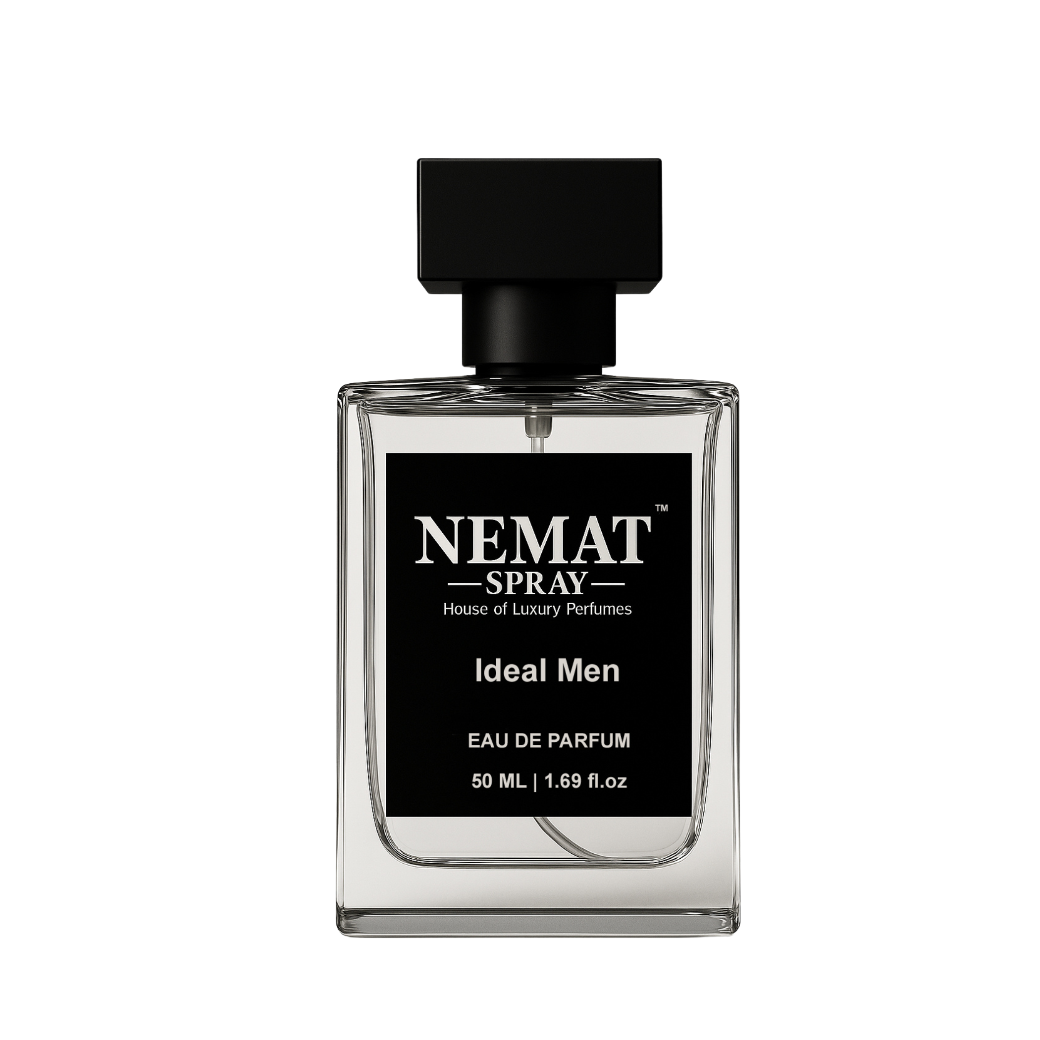 Nemat Ideal Men 50ml perfume in a clear rectangular glass bottle with a black square cap and black label.
