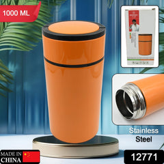 Stainless Steel Water Bottle With Foldable Spoon & Handle Easy to carry, Leak Pr - 12771_ss_water_bottle_1000ml_no86