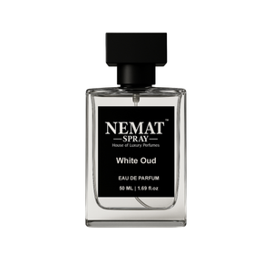 Nemat White Oud Eau de Parfum, 50ml. Clear rectangular glass bottle with a black square cap and black label.