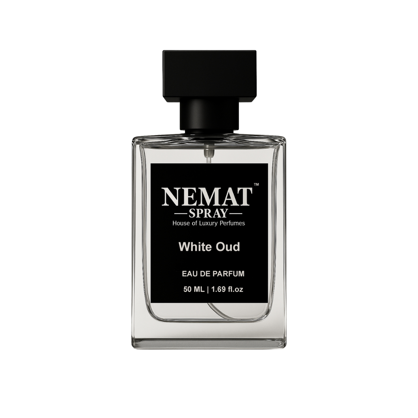 Nemat White Oud Eau de Parfum, 50ml. Clear rectangular glass bottle with a black square cap and black label.