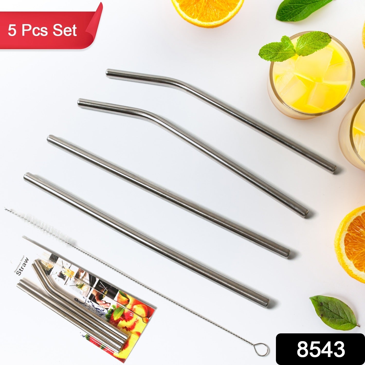 Reusable Stainless Steel Straw with cleaning Brush Long Drinking Straws for Coff - 8543_ss_straw_with_cle_brush_5pc_no2