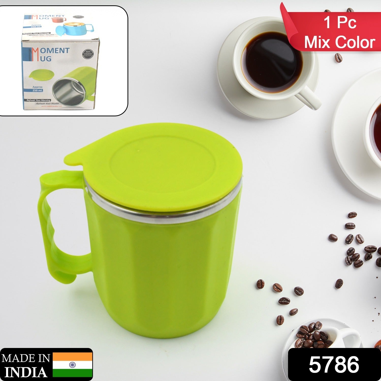 250ML Stainless Steel Mug: Insulated, Leakproof Lid, Hot/Cold Drinks (Mix Color) - 5786_ss_moment_mug_1pc_250ml