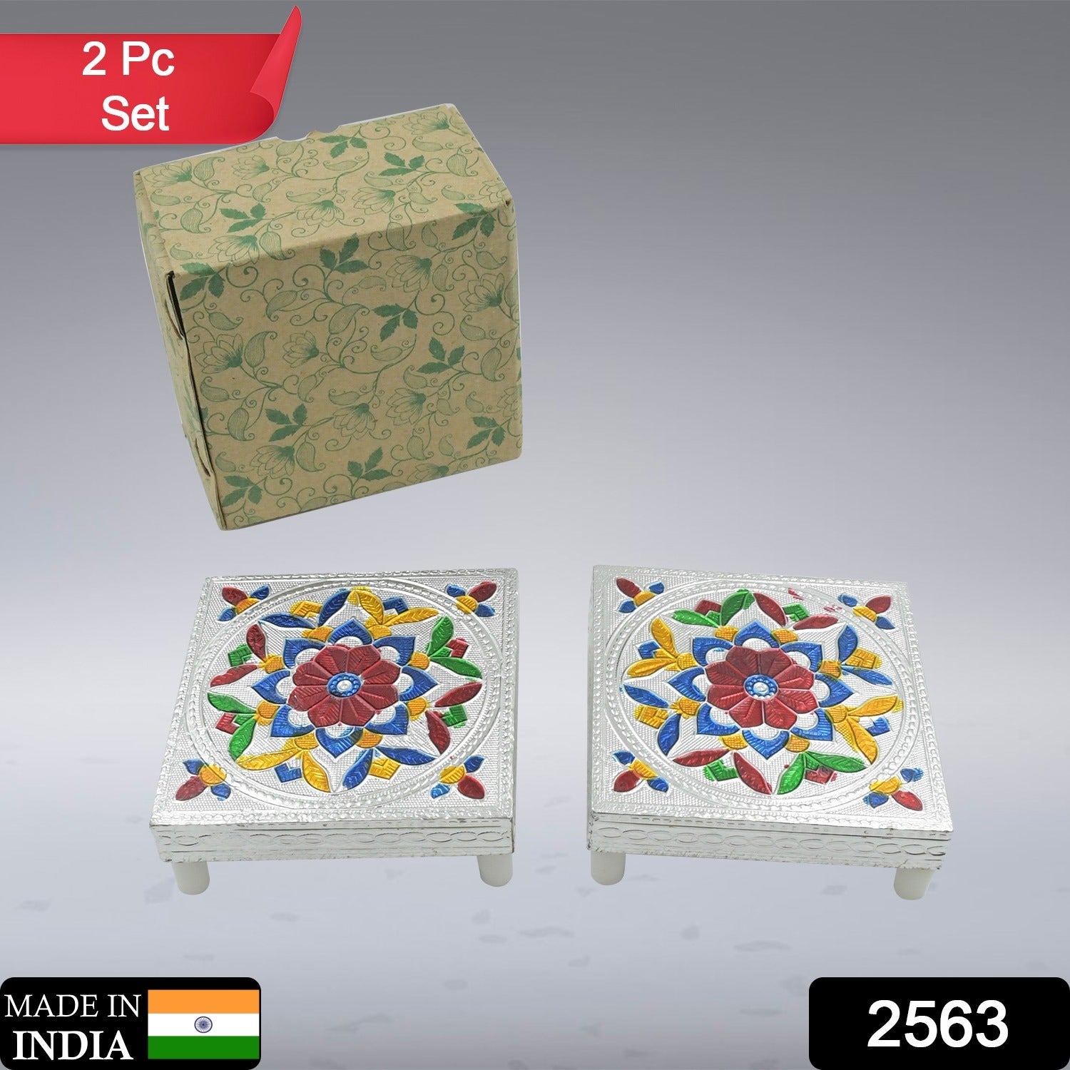 2 Pc Meenakari Wooden Chowki & Bajot Set: For Home & Office Puja (Multicolor) - 2563_silver_bajot_2pc_set