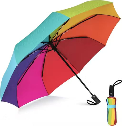 Colorful umbrella with a matching folded-up umbrella on a white background