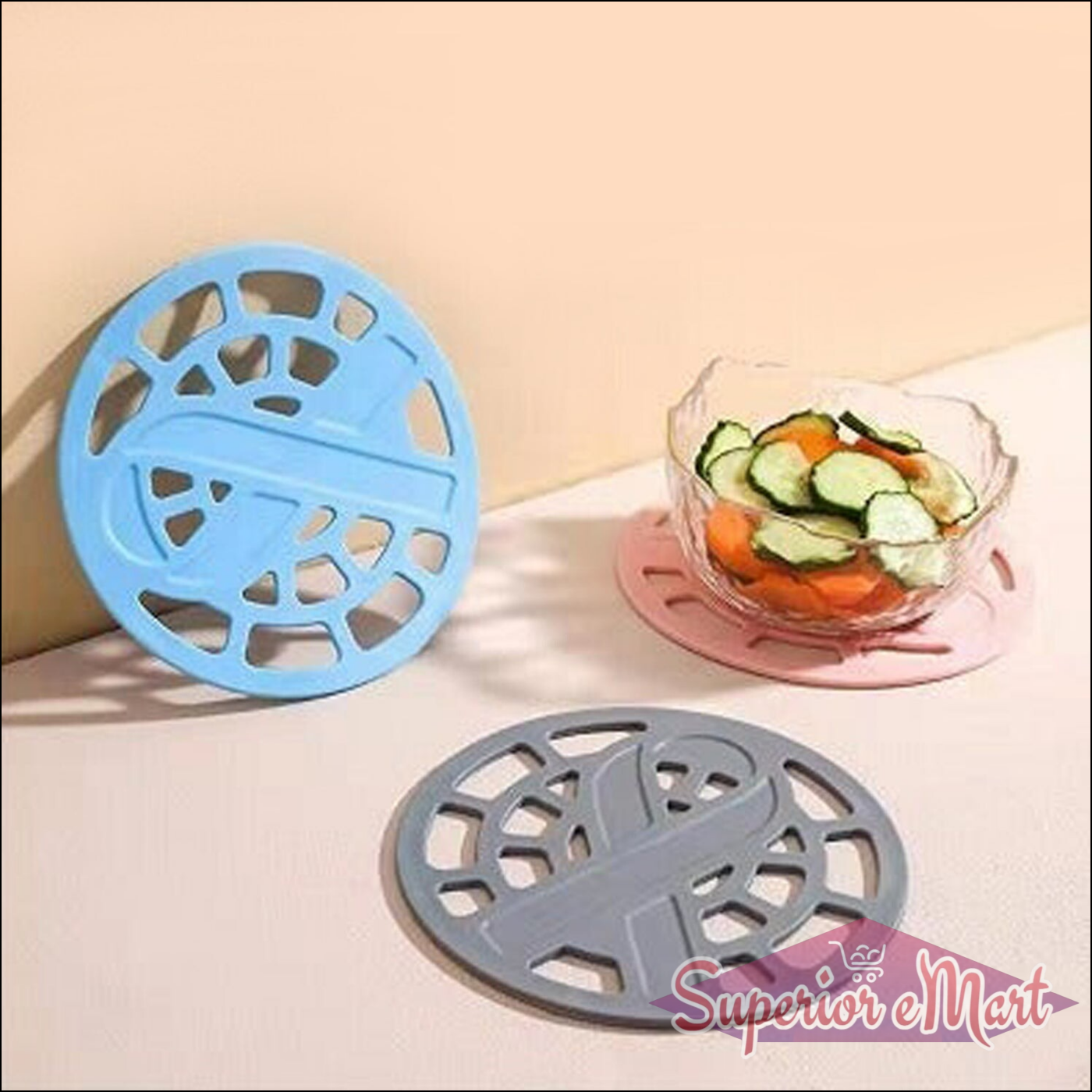 Colorful silicone fancy coasters in blue and pink for stylish home and kitchen decor