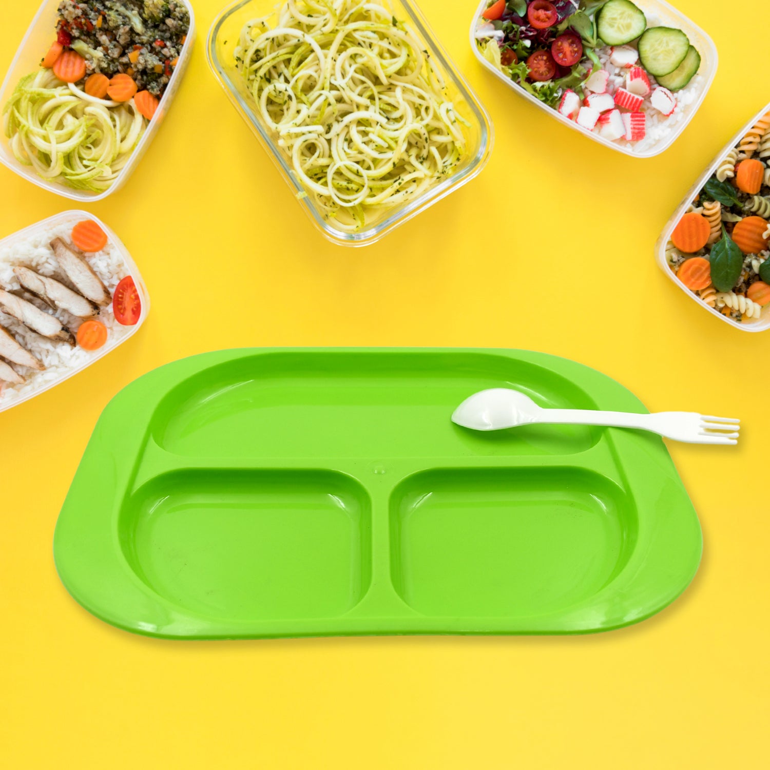 Food Plates / Biodegradable 3 Compartment Square Plate With Spoon for Food Snacks / Nuts / Desserts Plates for Kids, Reusable Plates for Outdoor, Camping, BPA-free (1 Pc)