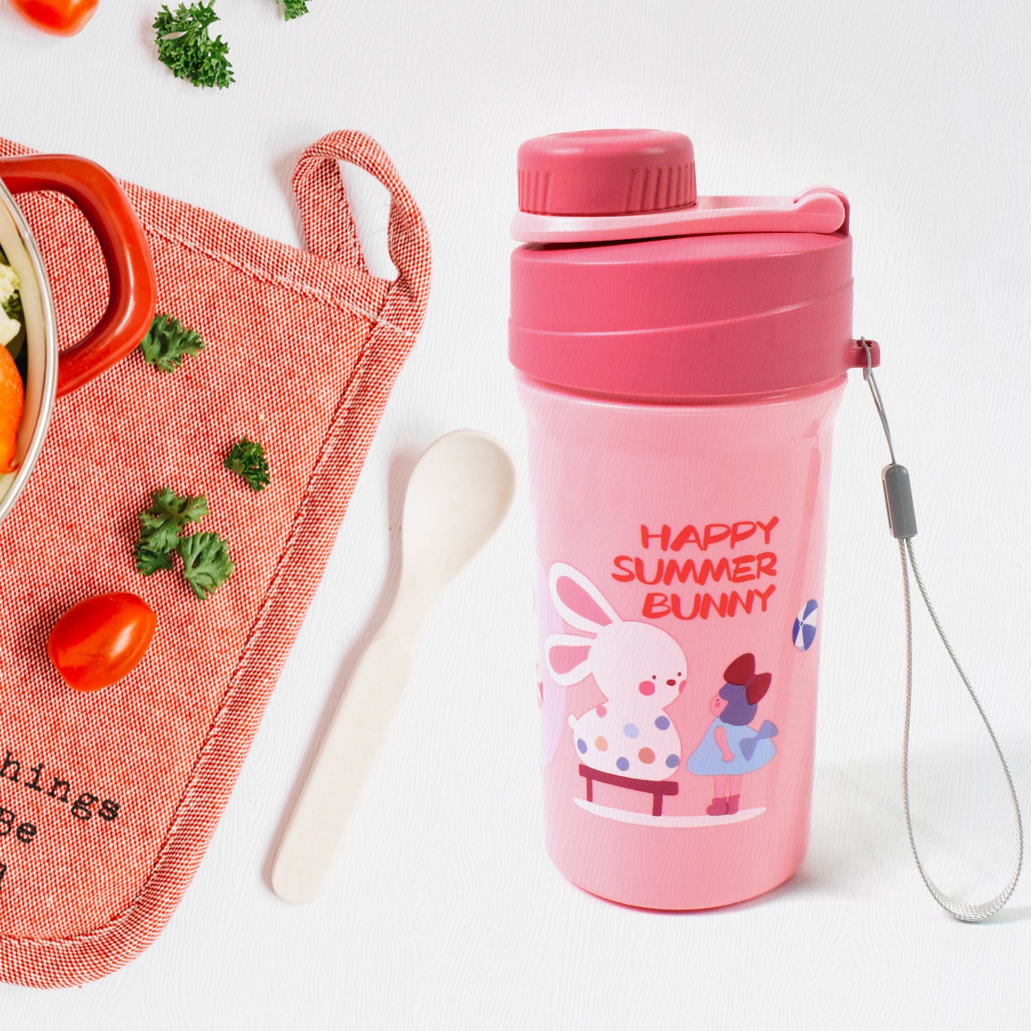 2 compartment lunch box with bottle featuring a cute bunny design for kids meals and snacks