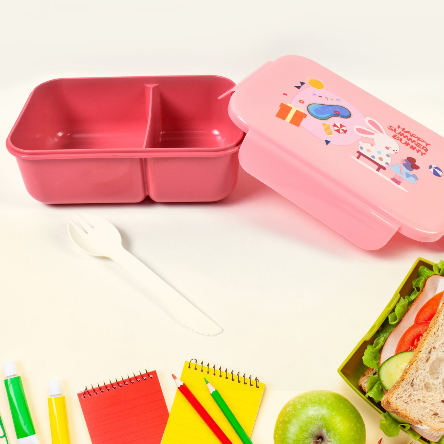 Cute pink 2 compartment lunch box with bottle and spoon, perfect for kids' meals and snacks
