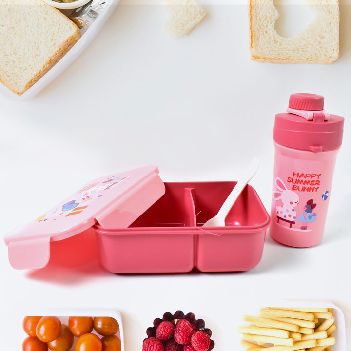 Superior eMart 2 compartment lunch box with bottle in pink, ideal for kids meals and snacks