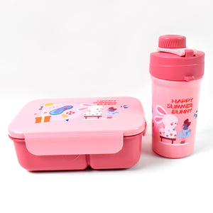 Pink 2 compartment lunch box with bottle featuring a cute bunny design for kids