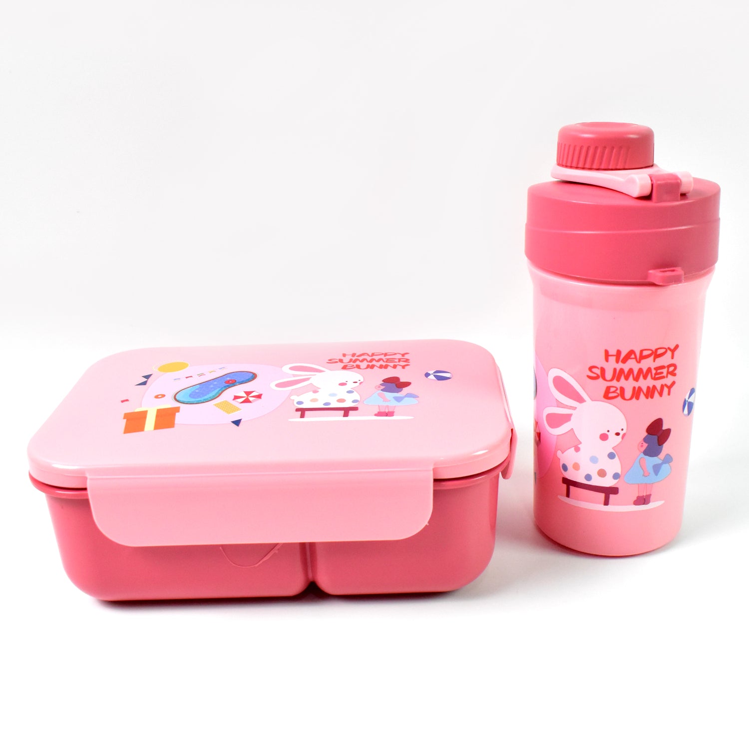 Pink 2 compartment lunch box with bottle featuring a cute bunny design for kids