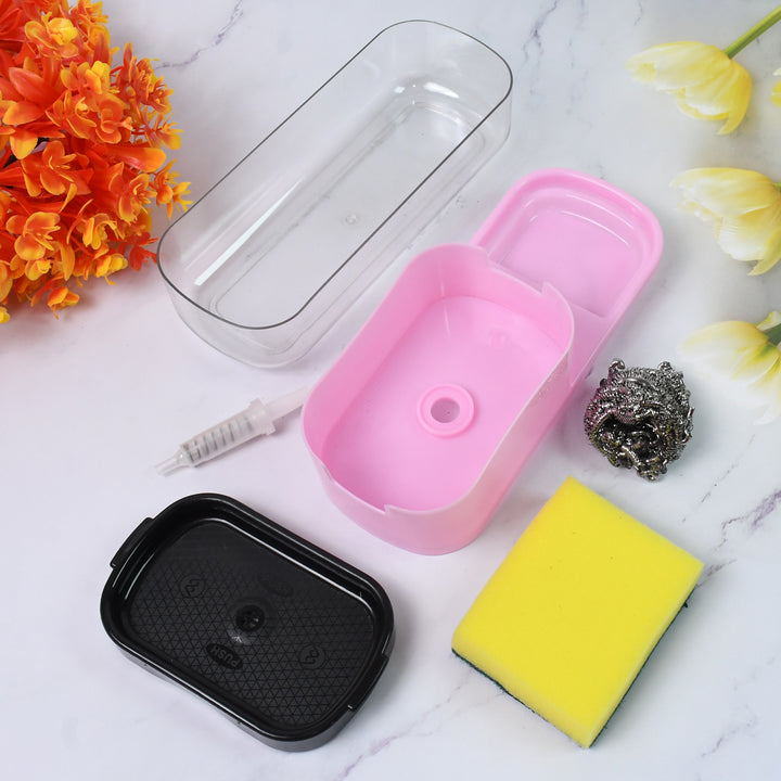 2 in 1 dish soap dispenser with removable tray and sponge in vibrant colors for kitchen organization