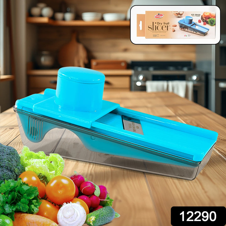 Superior eMart 2-in-1 fruit and vegetable cutter in blue on wooden kitchen table with fresh produce