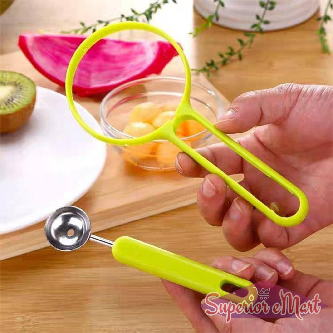 Bright green 2-in-1 fruit peeler and baller for easy fruit preparation in the kitchen