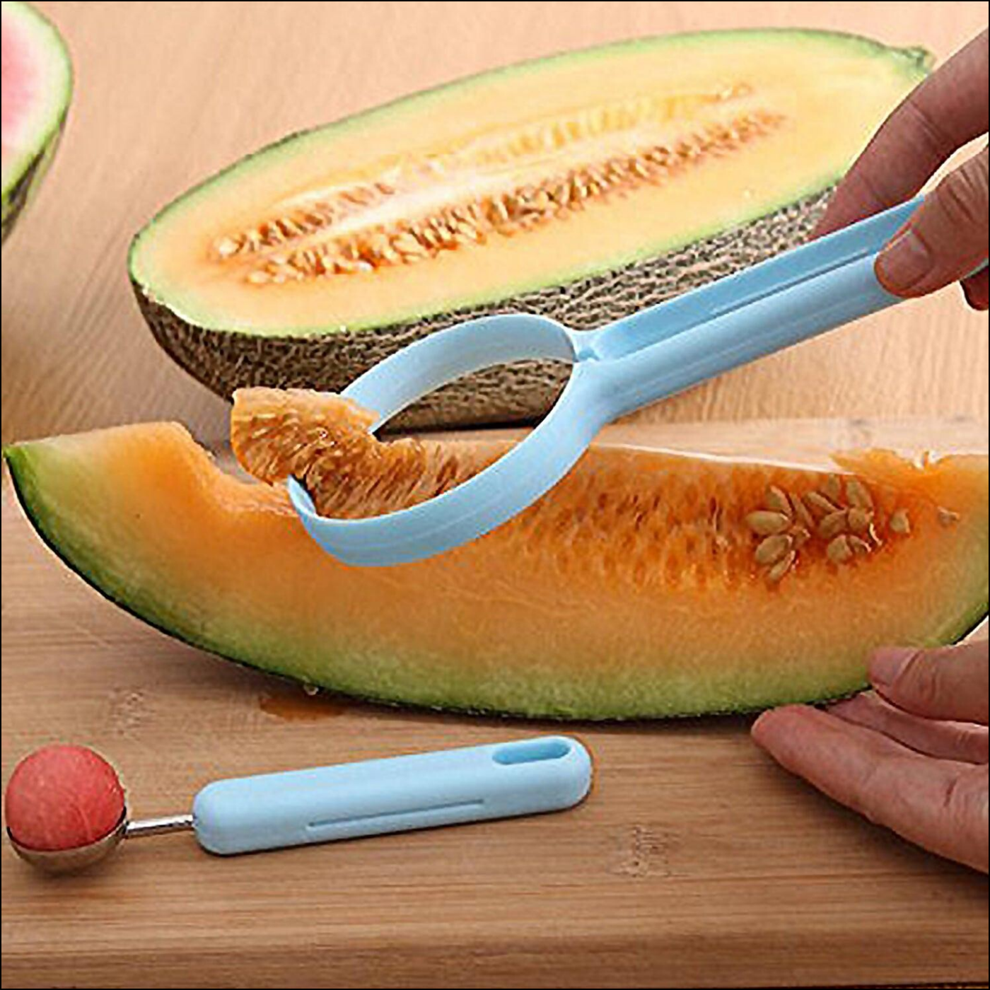 2-in-1 fruit peeler and baller in blue, perfect for easy fruit preparation and serving