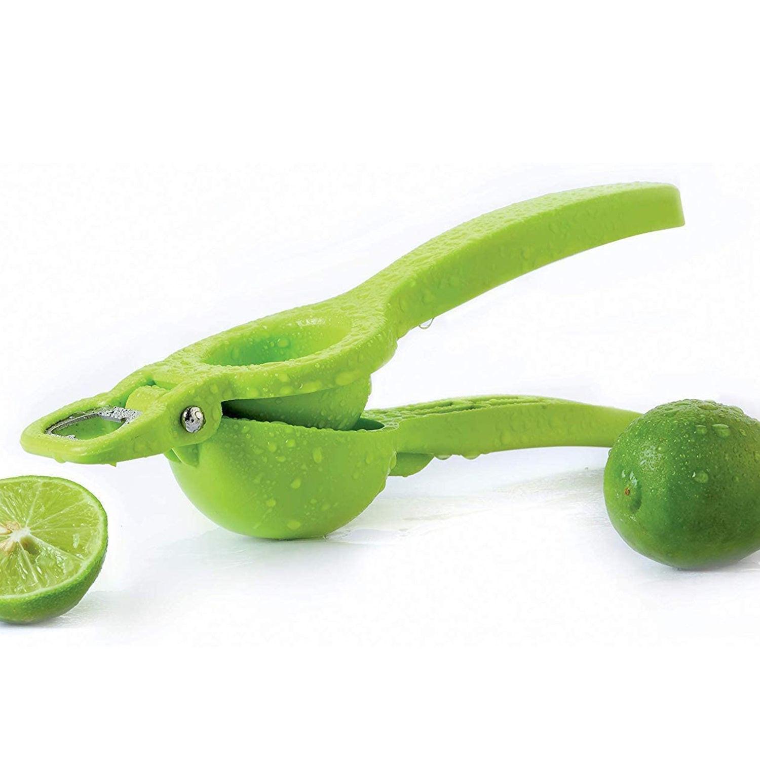 2 in 1 lemon squeezer and bottle opener in green color with fresh limes