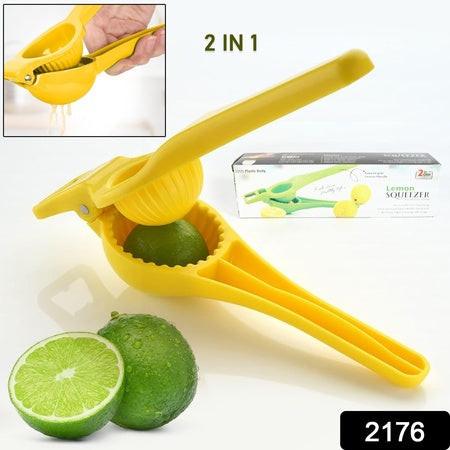 2 in 1 lemon squeezer and bottle opener in yellow for easy citrus juicing and cap opening