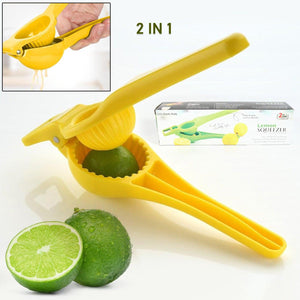 2 in 1 lemon squeezer and bottle opener in yellow with lime fruit and packaging visible