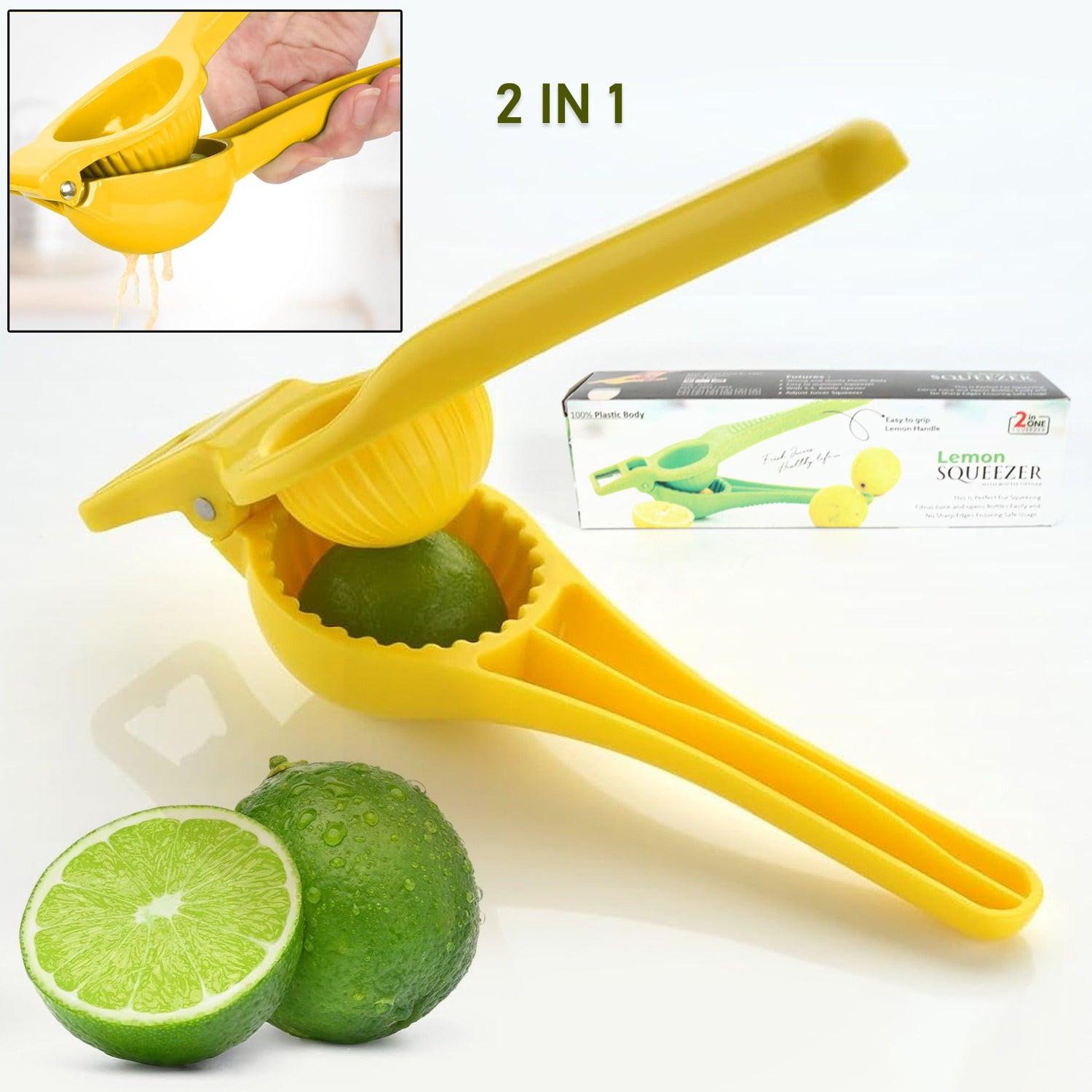 2 in 1 lemon squeezer and bottle opener in yellow with lime fruit and packaging visible