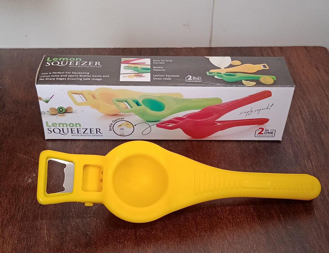 Bright yellow 2 in 1 lemon squeezer and bottle opener with ergonomic design for easy use in the kitchen