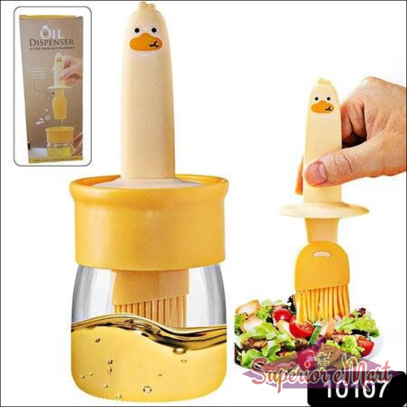 2 in 1 oil dispenser with basting brush featuring a fun duck design for easy oil application in the kitchen
