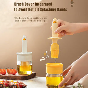 2 in 1 oil dispenser with basting brush featuring a non-slip handle for easy use and hot oil protection