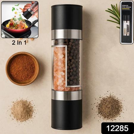 2-in-1 salt and pepper grinder featuring two compartments for easy seasoning in the kitchen