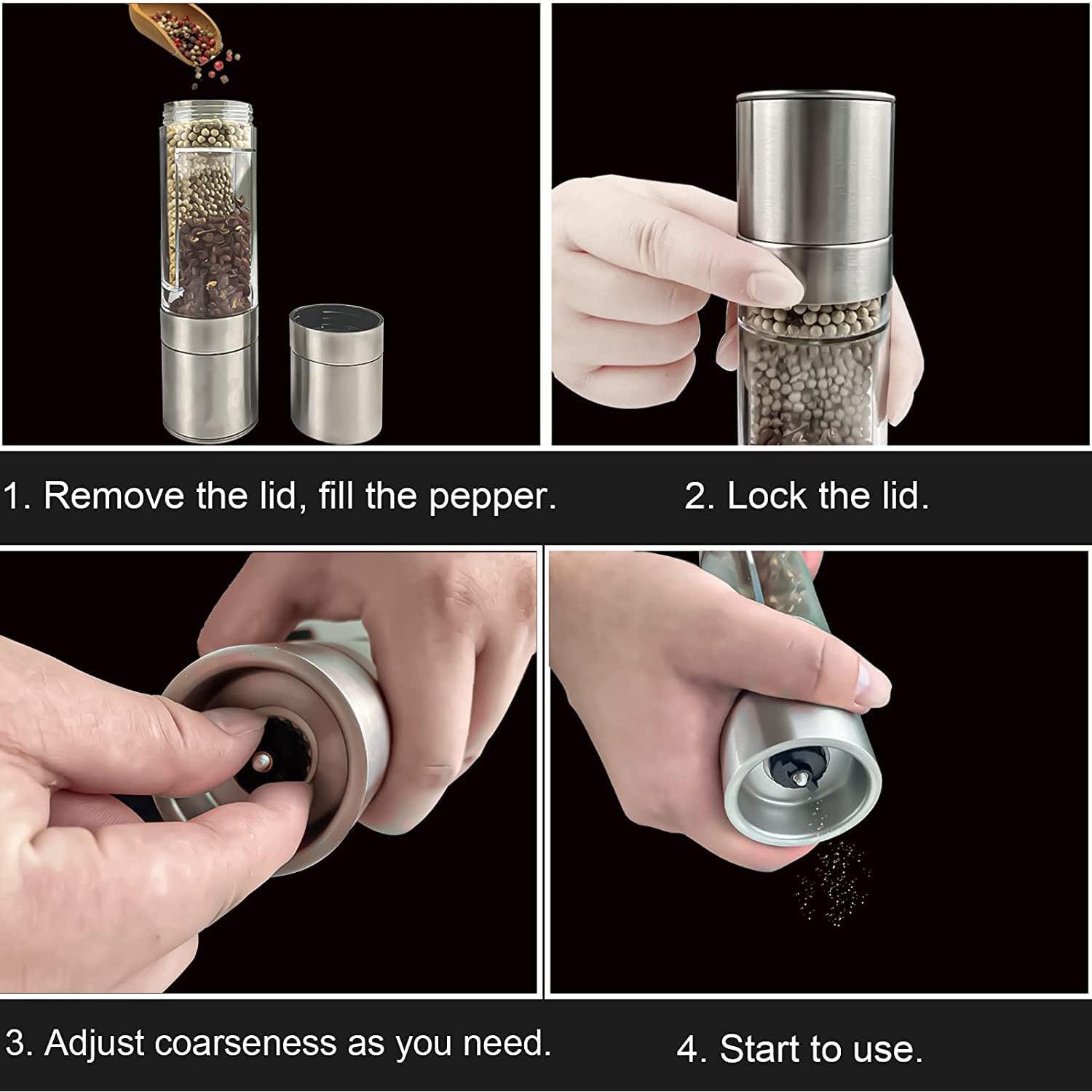 2-in-1 salt and pepper grinder with adjustable coarseness and easy fill design for convenient seasoning