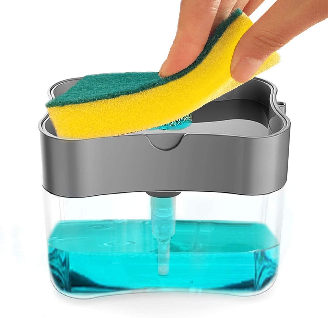 2-in-1 soap dispenser with sponge holder by Superior eMart showing a hand pressing a sponge on top