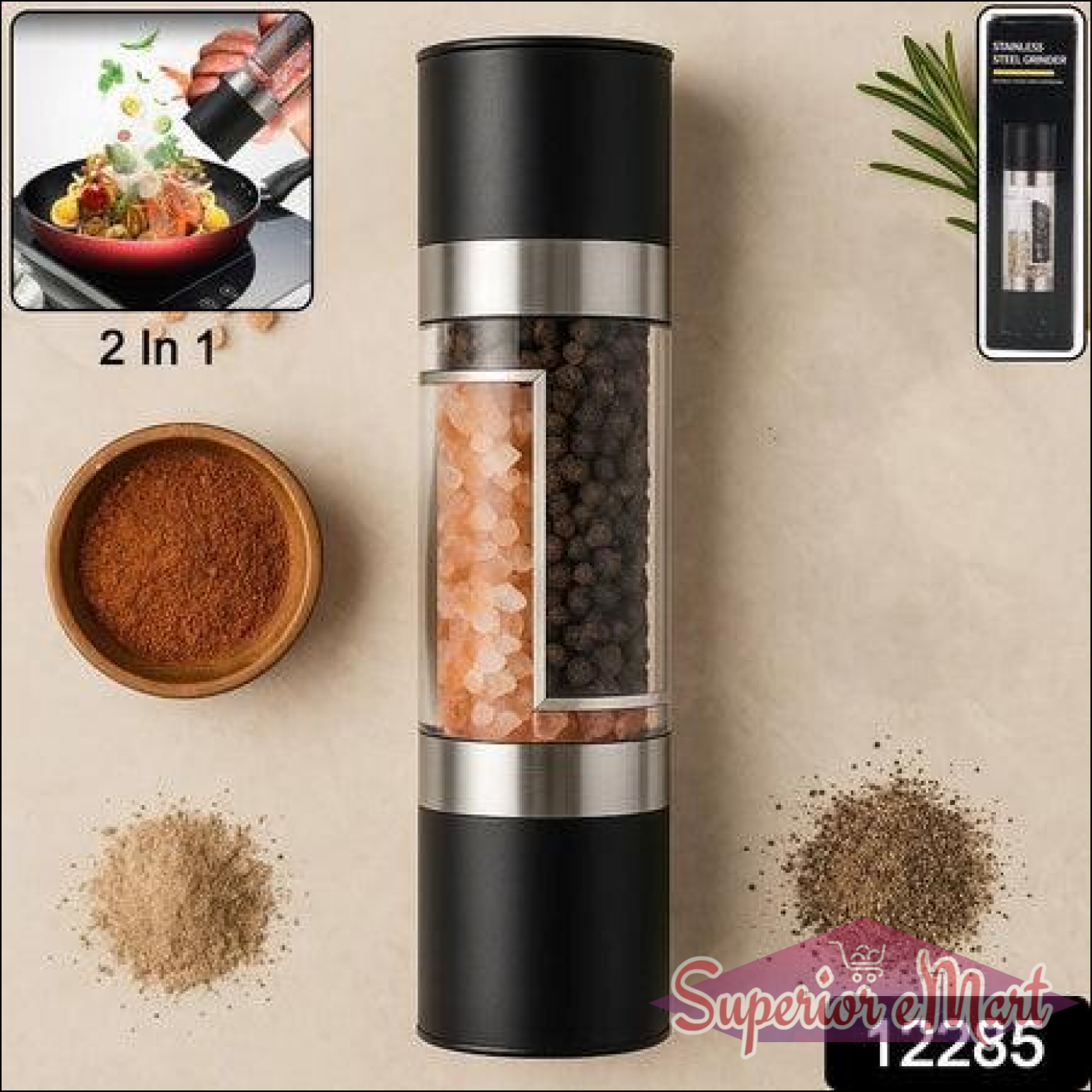 2-in-1 salt and pepper grinder featuring two compartments for easy seasoning in the kitchen
