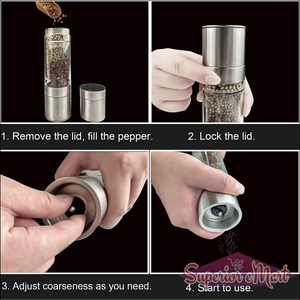 2-in-1 salt and pepper grinder with adjustable coarseness and easy fill design for convenient seasoning