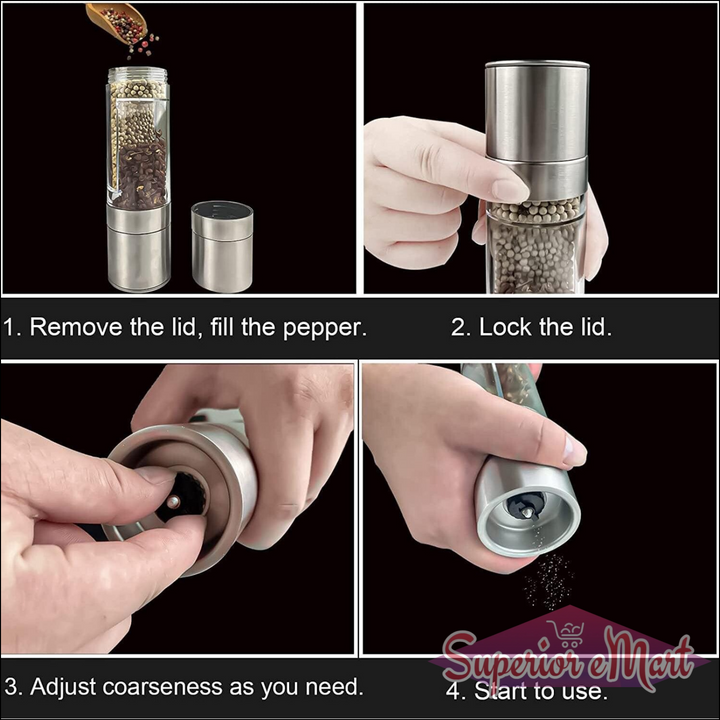 2-in-1 salt and pepper grinder with adjustable coarseness and easy fill design for convenient seasoning